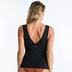 Olaian Bikinis, Boardshorts Tankini Swimsuit Top With V-Neck And Removable Padded Cups MARINE - PLAIN BLACK