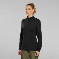 Forclaz Shirts Trek 500, Long Sleeve Merino Wool Zip Backpacking T-Shirt, Women’s